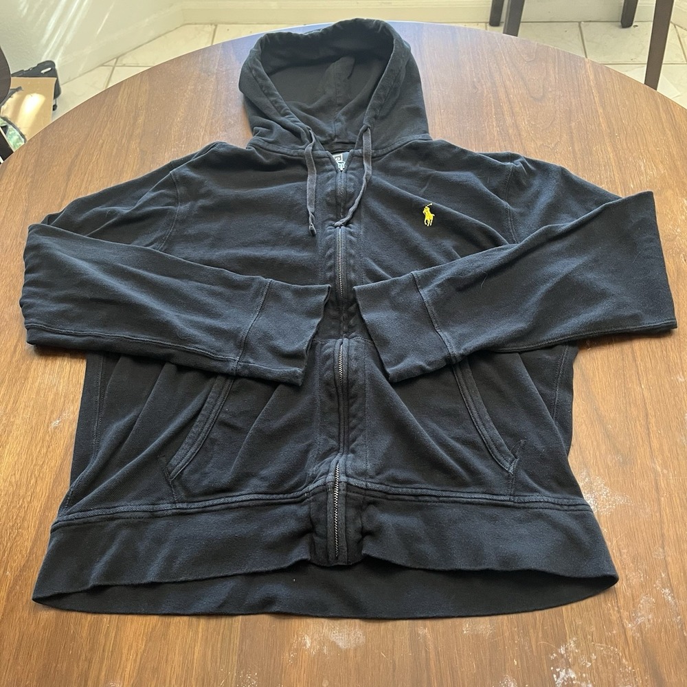 Vintage Polo Ralph Lauren Hoodie Mens XL Black Full Zip Cotton‎ Pony Conmar Zip - Picture 2 of 12